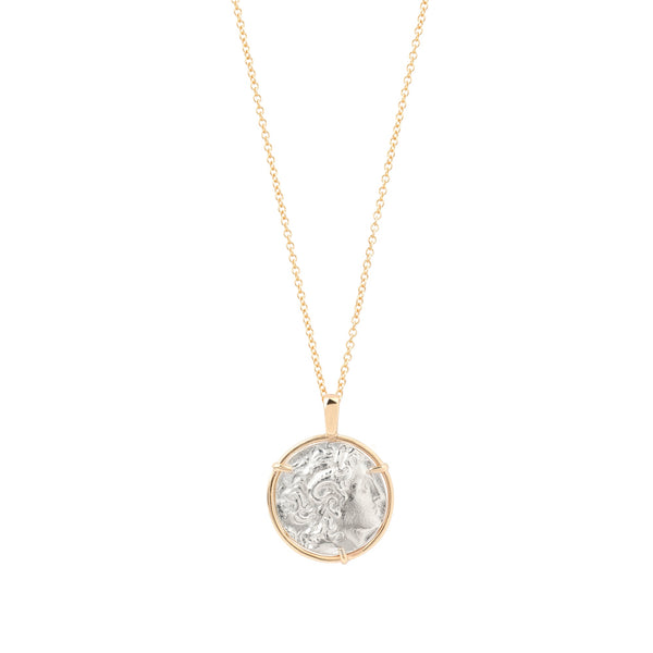 Alexander Medal Necklace gold chain, silver coin