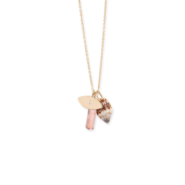 Charms Necklace pink tourmaline, sea shell and diamond