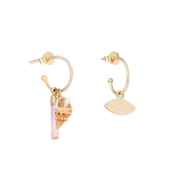 Charms Earrings pink tourmaline, sea shell and diamond