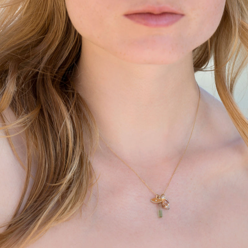 Charms Necklace pink tourmaline, sea shell and diamond