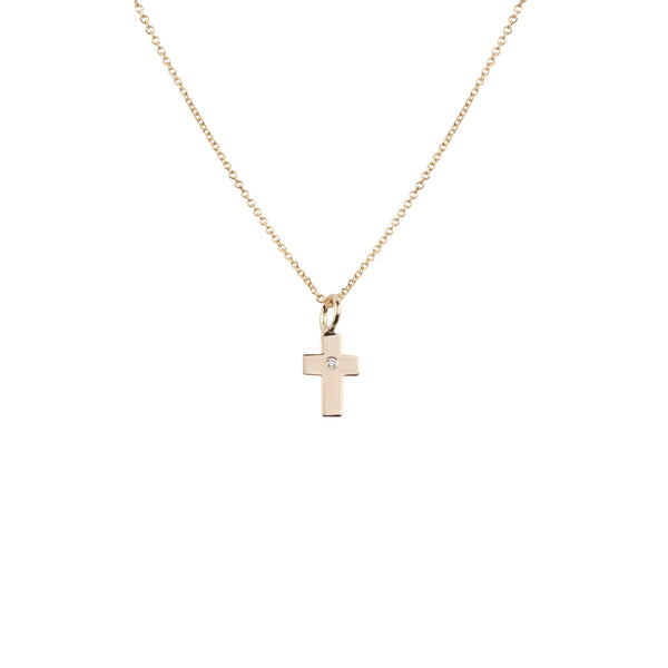 small cross necklace in gold with white diamond , small cross pendant in gold with white diamond, handmade in Greece jewellery